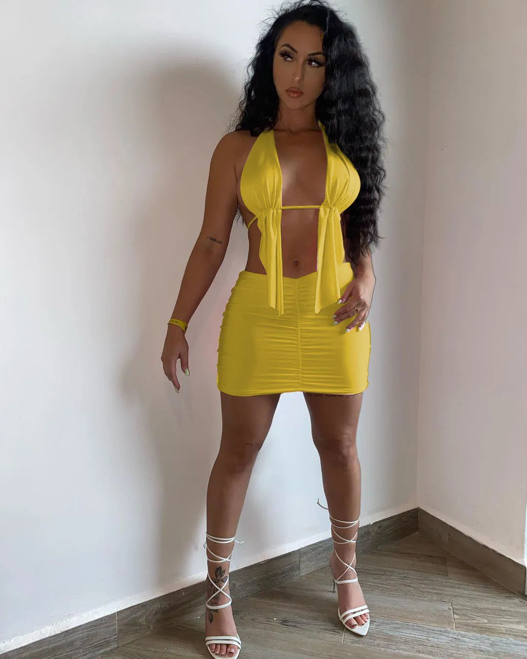 Women Solid Color Halter Strap Irregular Top And Skirt Casual Strap Two-Piece Set