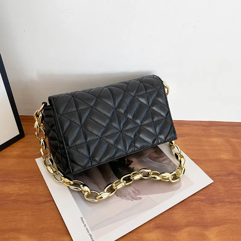 Women Fashion Chain Stitching Design Solid Color Plaid PU Shoulder Bag
