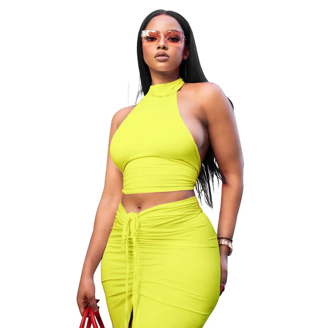 Women Sexy Solid Color Round Neck Backless Halter Top And Drawstring Skirt Set