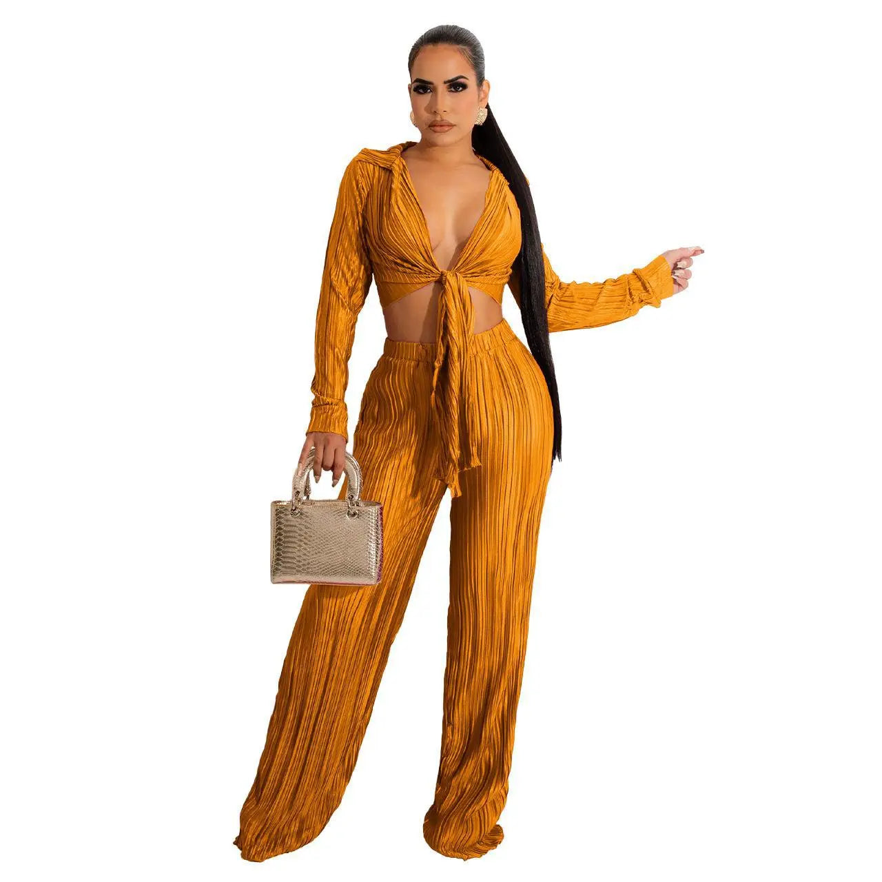 Women Fashion Autumn Winter Short Top Lace Up Pleated Sexy Casual Set