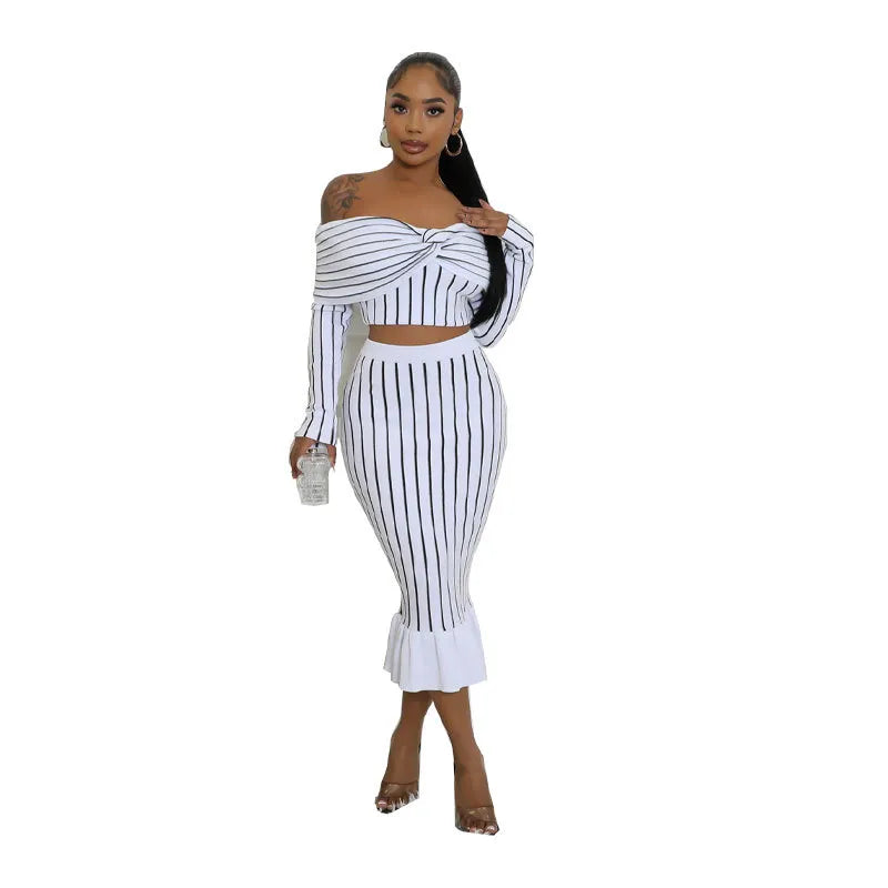 Women Stripe Off-Shoulder Long Sleeve Crop Top Ruffled Skirt Set