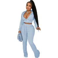 Wome Fashion Casual Solid Color Long Sleeve Zipper Hooded Top Pants Two-Piece Set