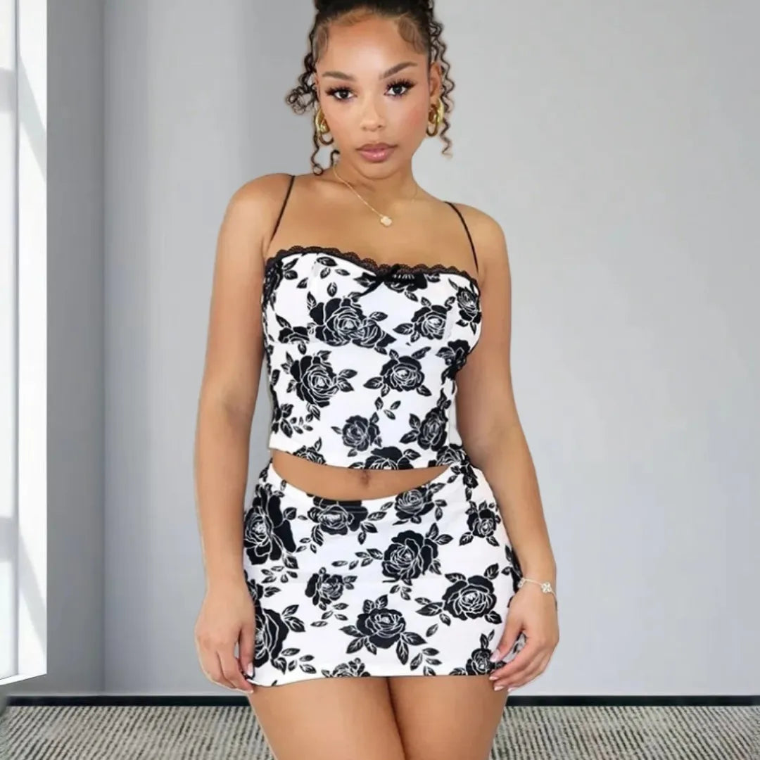 Women Fashion Sexy Rose Printed Lace Camisole Tight Skirt Two-Piece Set