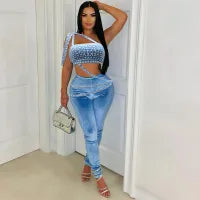 Women Fashion Sexy Hot Drilling Strapless Vest Tight Pants Two-Piece Set
