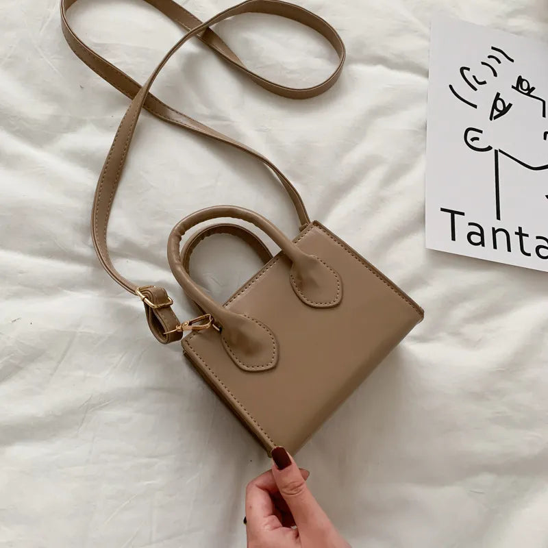 Women Fashion Solid Color Zipper Square Mini PU Handle Crossbody Bag