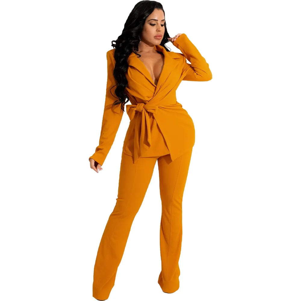 Women Solid Color Fashion V-Neck Lace-Up Long Sleeve Top Pants Two-Piece Set