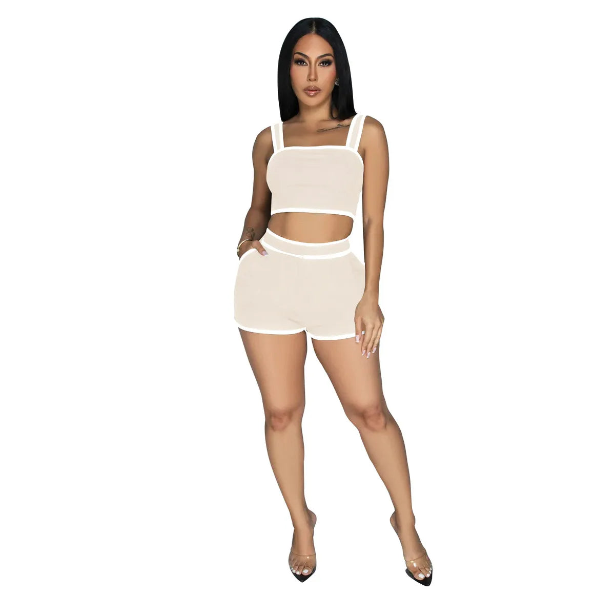 Women Contrast Color Sling Crop Top Shorts Two-Piece Set
