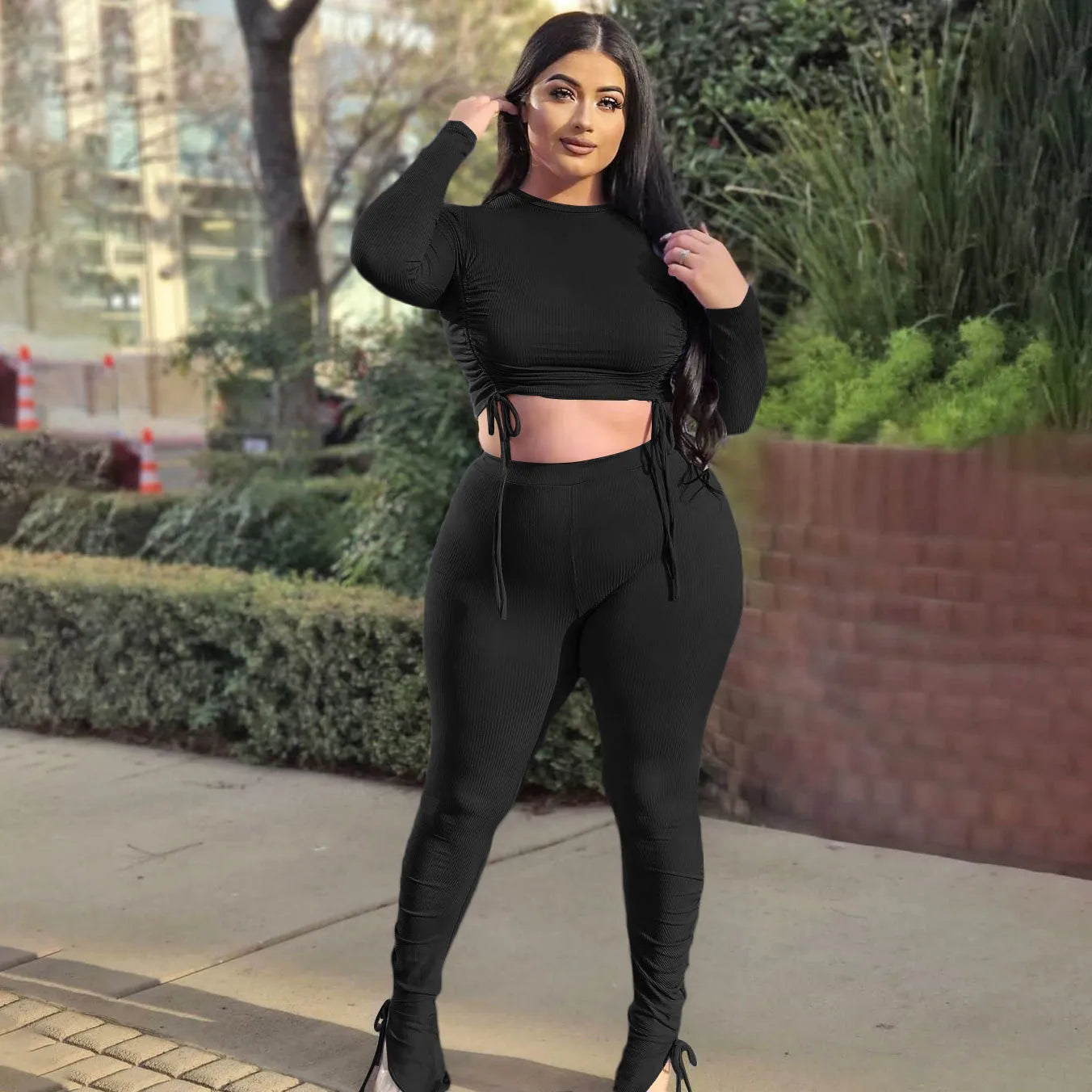 Plus Size Women Casual Solid Color Rib-Knit Long Sleeve Drawstring T-Shirt Pants Set