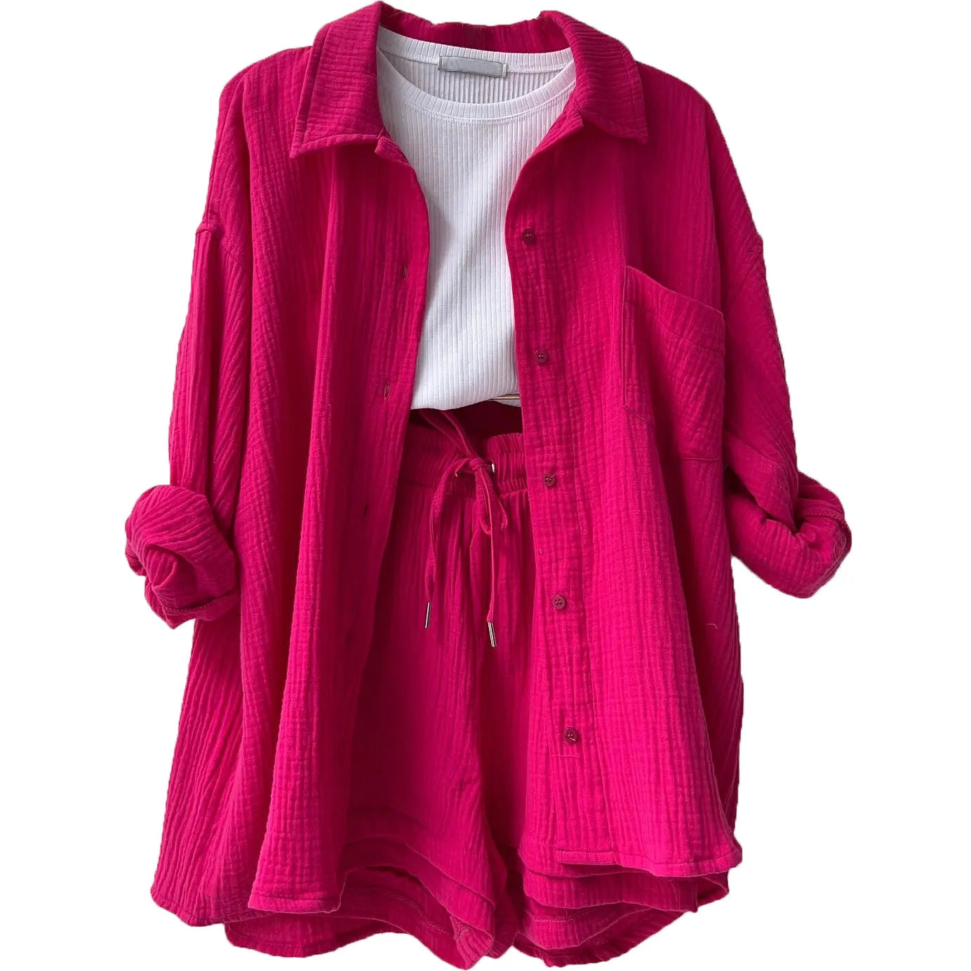 Women Casual Solid Color Pleated Lapel Long Sleeve Top And High Waist Shorts Casual Two-Piece Set