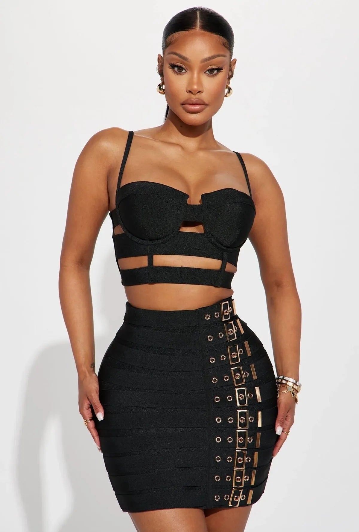 Women Fashion Sexy Hollow-Out Camisole Tight Belts Skirts Two-Piece Set
