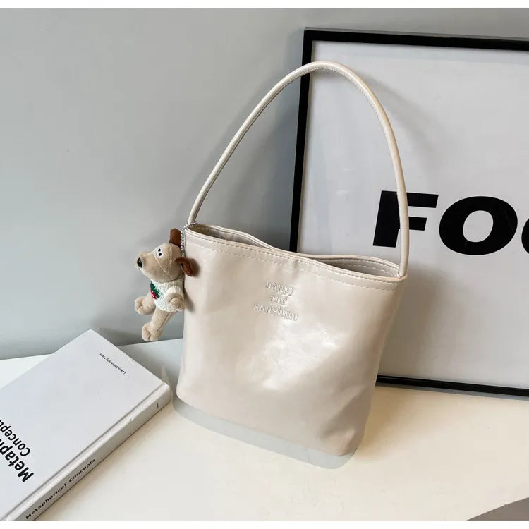 Women Fashion Casual Solid Color Pu Leather Bucket Shoulder Bag