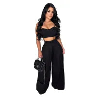 Women Fashion Sexy Solid Color Camisole Wide-Leg Pants Two-Piece Set