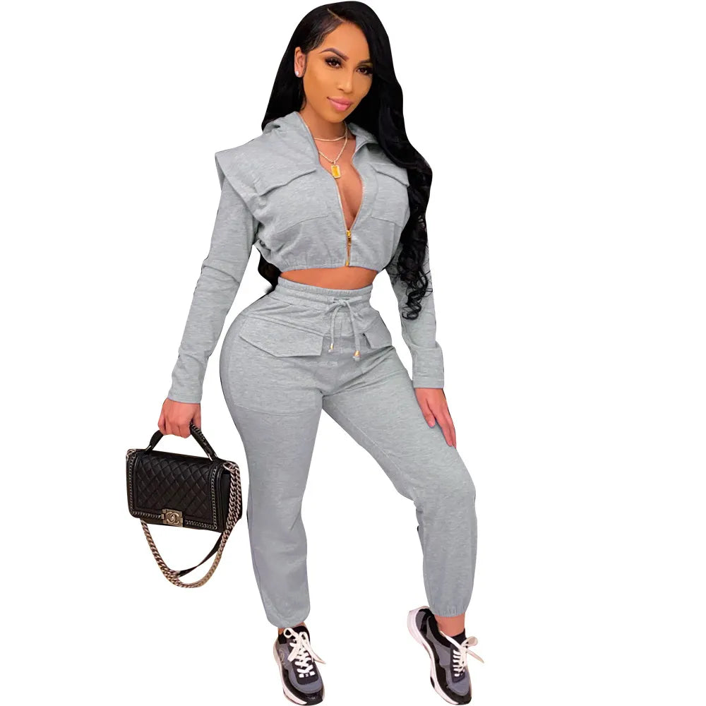 Women Sexy Zipper Slim Hoodie Crop Top Fashion Pants Two-Piece Set