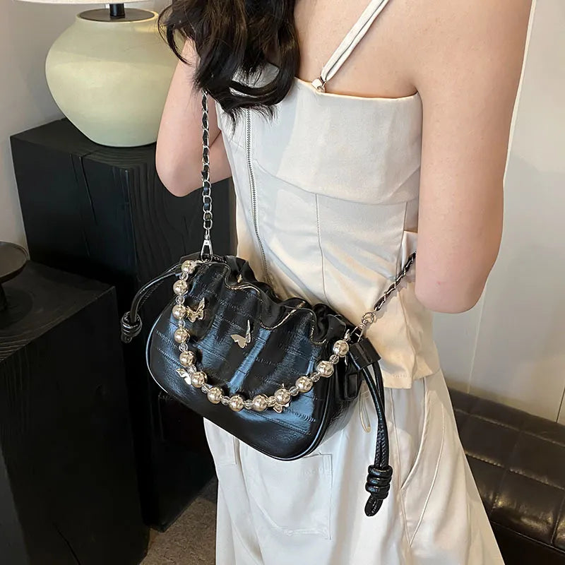 Women Fashion Elegant Solid Color Beaded Shoulder Bag