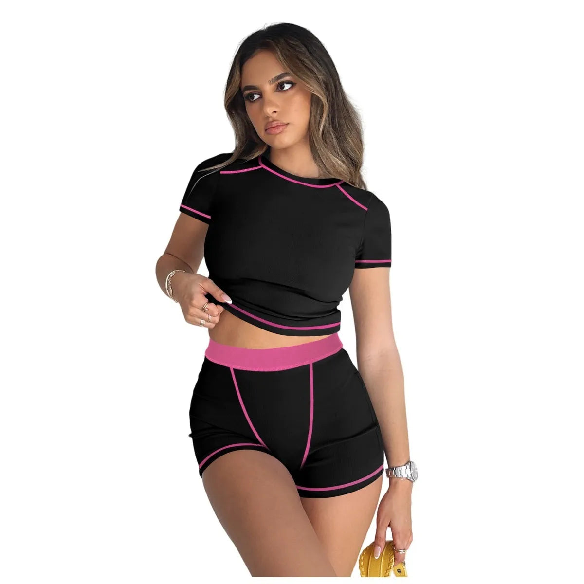 Women Fashion Casual Thread Contrast Color Short-Sleeve T-Shirt Tight Shorts Two-Piece Set