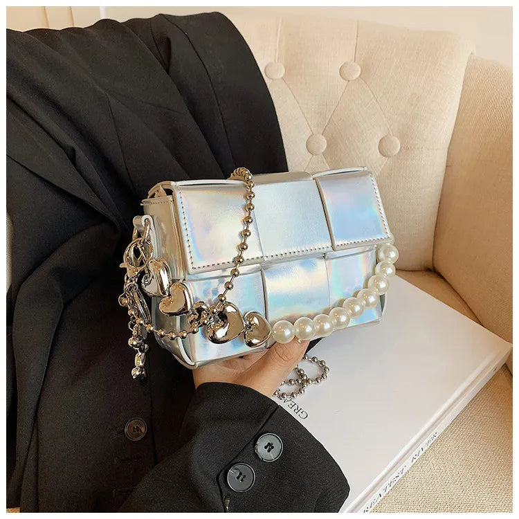 Women Fashion Solid Color Love Chain Small Square Shoulder Bag