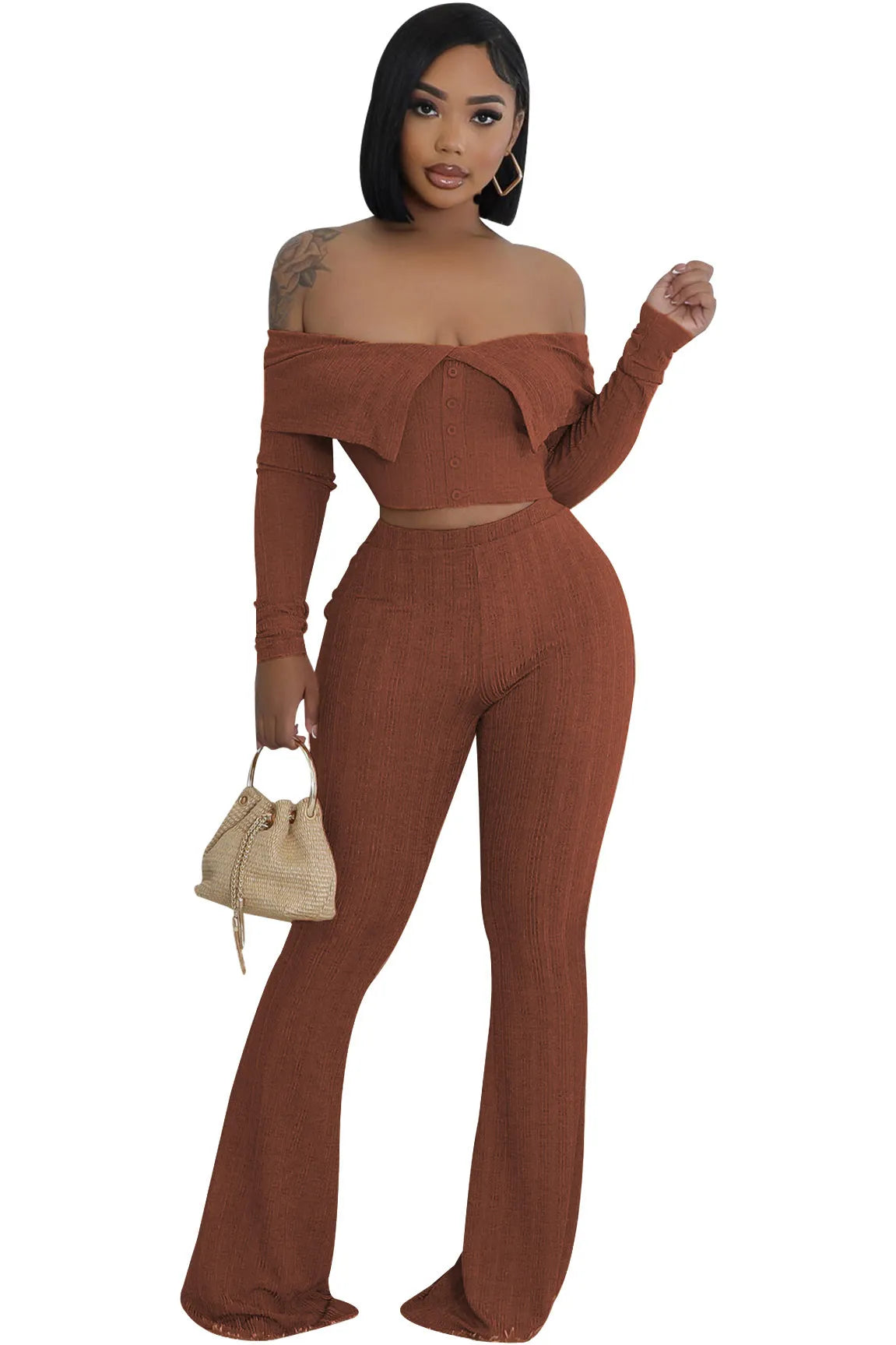 Women Fashion Sexy Long Sleeve Off Shoulder Crop Top Wide Leg Pants Two-Piece Set