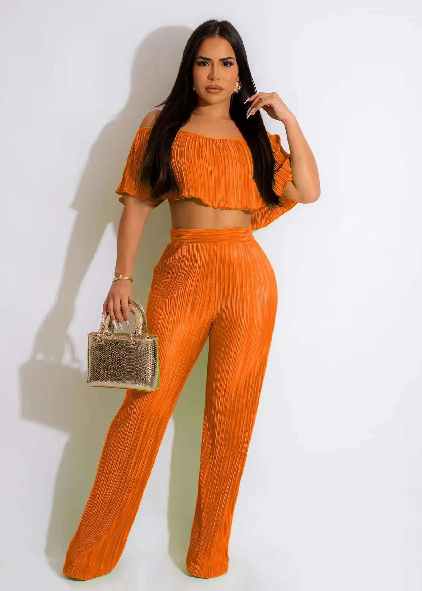 Women Fashion Solid Color Short-Sleeved Off-Shoulder Crop Top Casual Pants Two-Piece Sets
