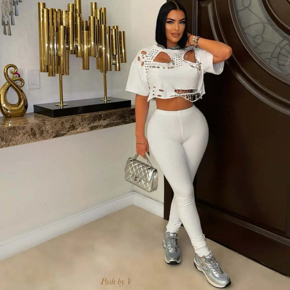 Women Fashion Creative Solid Color Round Neck Sleeve Tight Pants Two-Piece Set