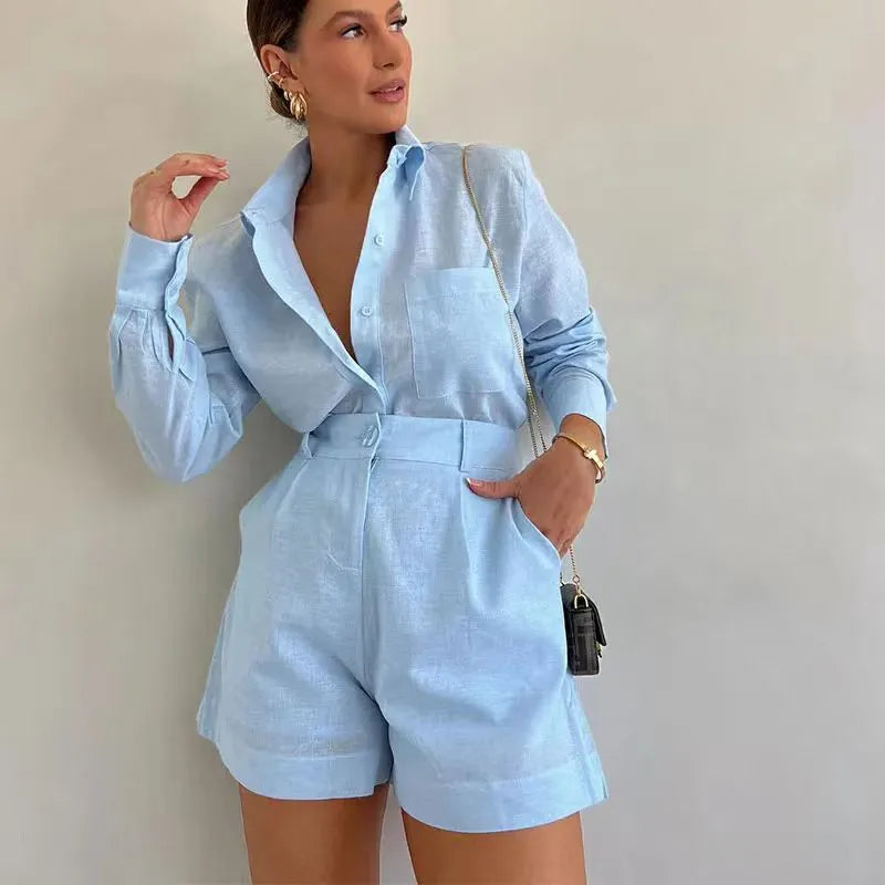 Women Fashion Casual Solid Color Lar Long Sleeve Shirt Top Shorts Two-Piece Set