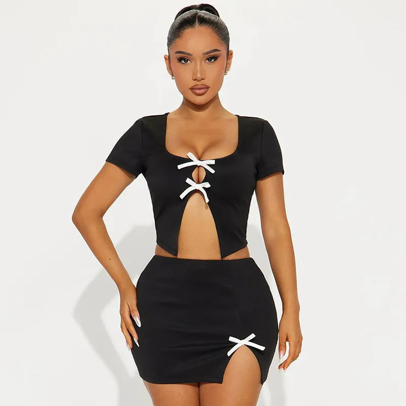 Women Fashion Solid Color Bow Lace-Up Hollow Short Sleeve Crop Top Skirt Two-Piece Set