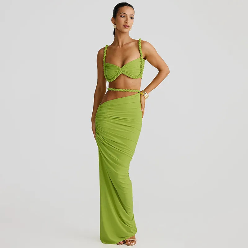 Women Fashion Sexy Solid Color Pleated Camisole Slim Fit Skirt Two-Piece Set