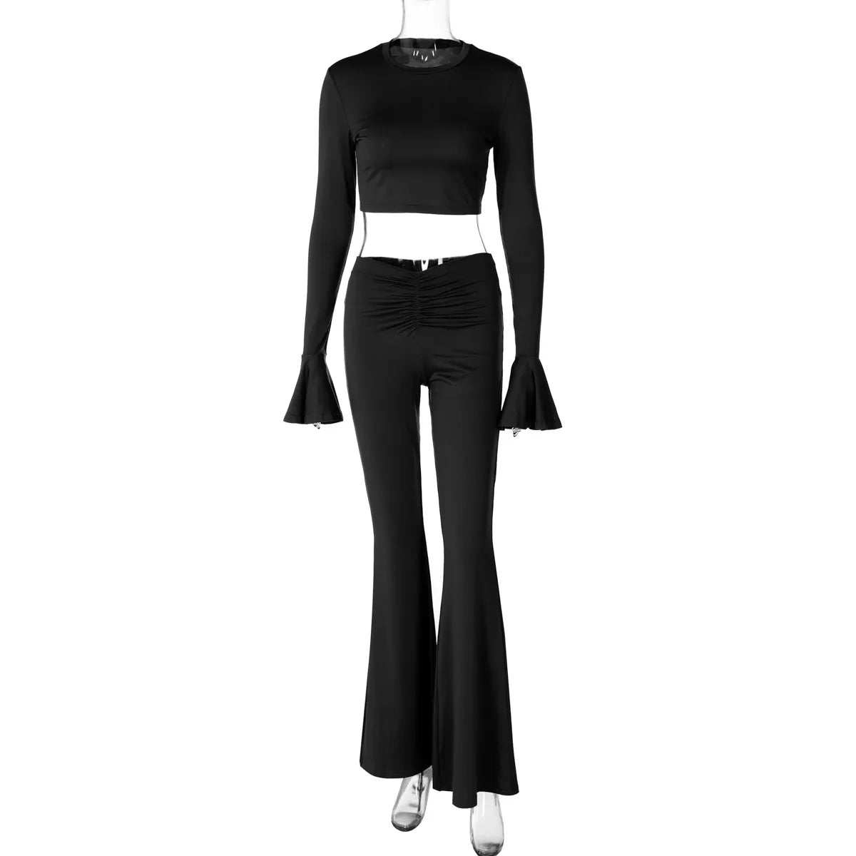 omen Fashion Solid Color Ruffled Long Sleeve Crop Top Pleated Slim Fit Pants Two-Piece Set