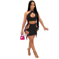 Women Fashion Sexy Solid Color Hollow Halter-Neck Crop Top Tight Lace-Up Skirt Two-Piece Set