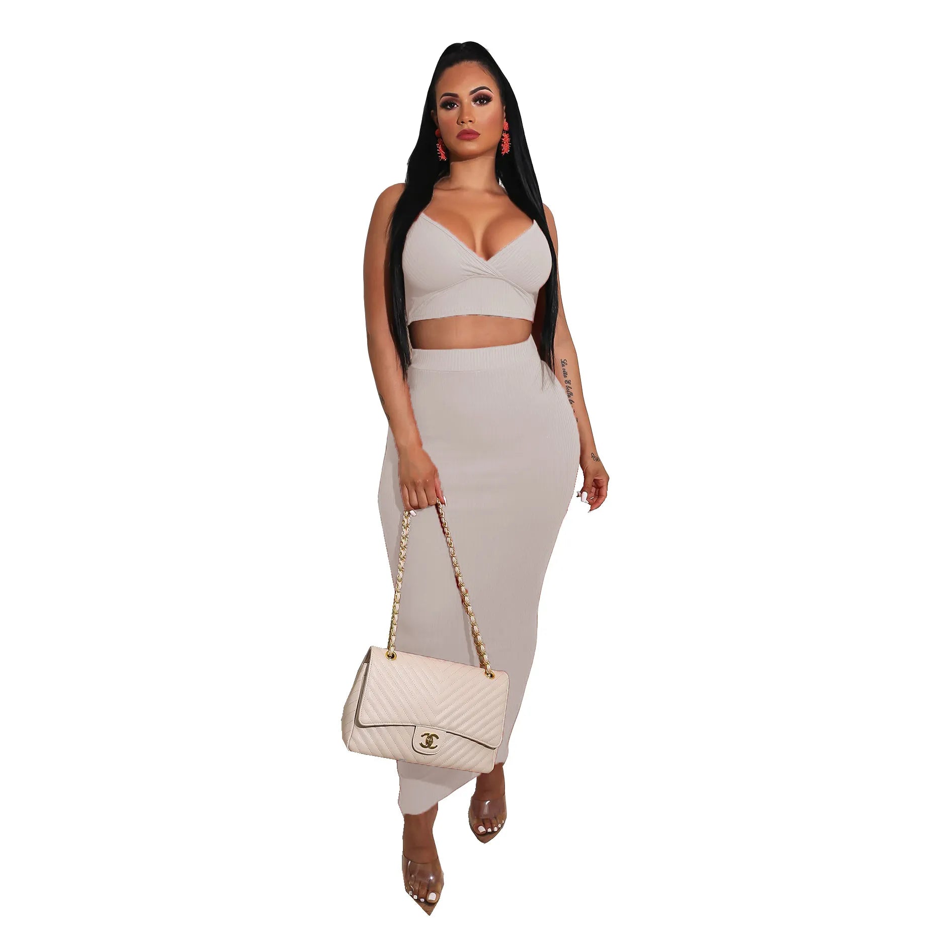 Women Sexy Sling Crop Top Skirt Two-Piece Rib-Knit Summer Set