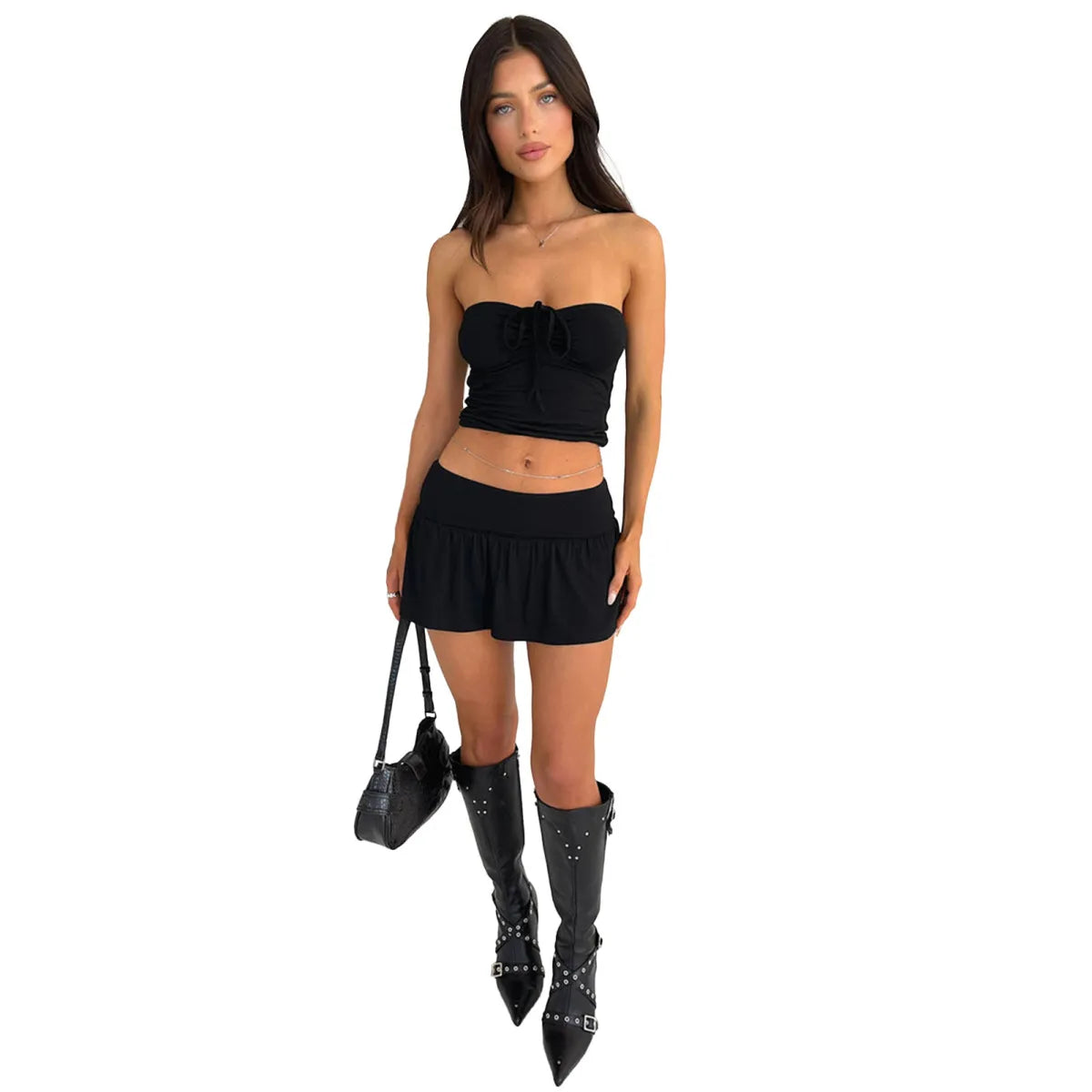 Women Fashion Sexy Strapless Drawstring Crop Top Pantskirt Two-Piece Set