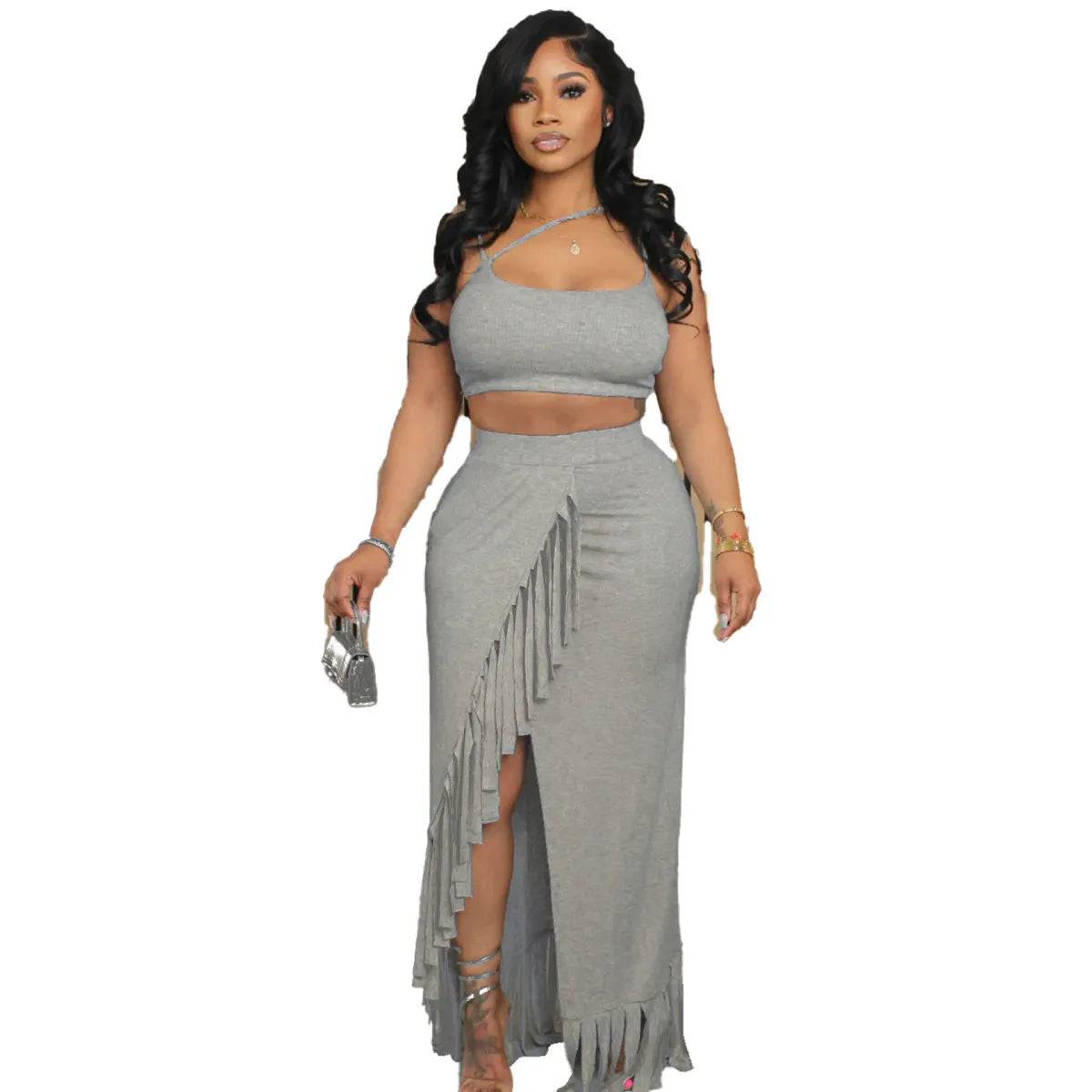 Women Fashion Sexy Solid Color Camisole Top Tassel Split Skirt Two-Piece Set