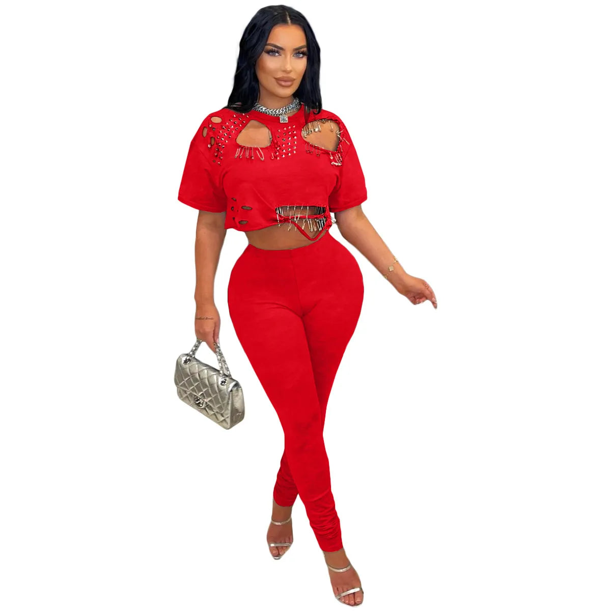 Women Fashion Creative Solid Color Round Neck Sleeve Tight Pants Two-Piece Set