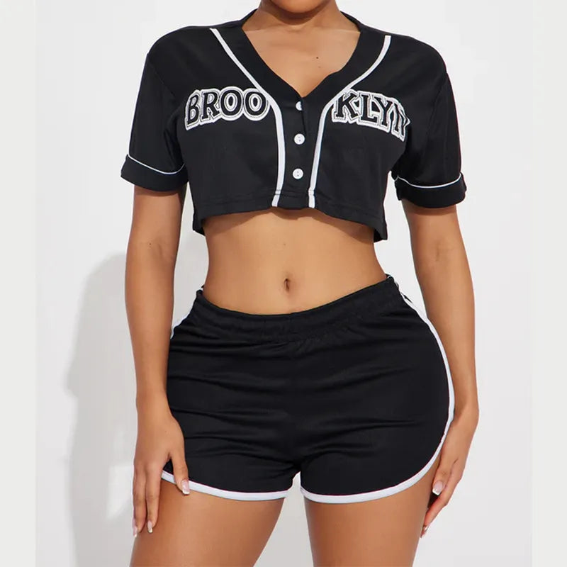 Women Casual Letter Printed V-Neck Short-Sleeve Top High Waist Short Two-Piece Set