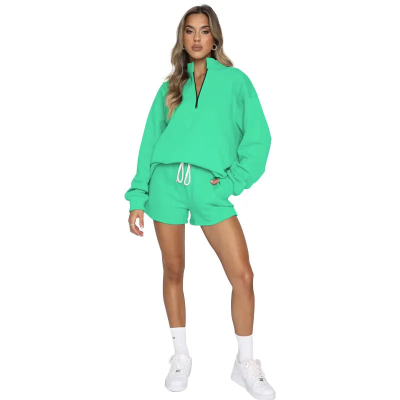 Women Casual Solid Color Stand Collar Half Zipper Long Sleeve Hoodie And Shorts Set