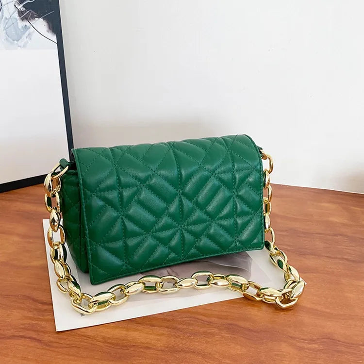 Women Fashion Chain Stitching Design Solid Color Plaid PU Shoulder Bag