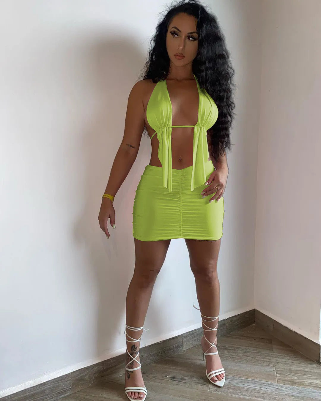 Women Solid Color Halter Strap Irregular Top And Skirt Casual Strap Two-Piece Set