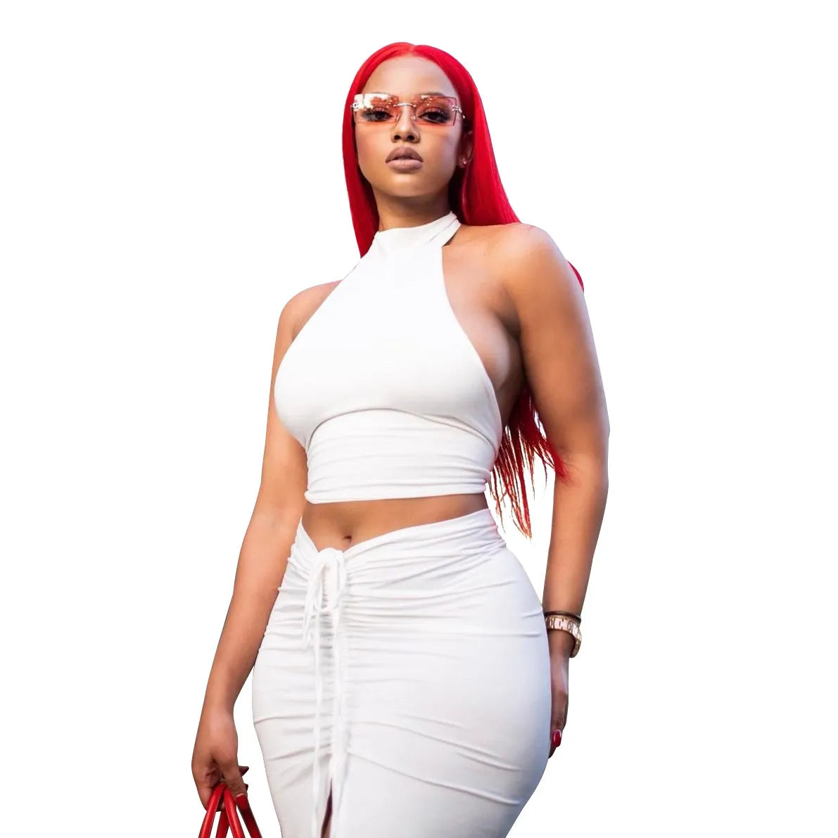 Women Sexy Solid Color Round Neck Backless Halter Top And Drawstring Skirt Set