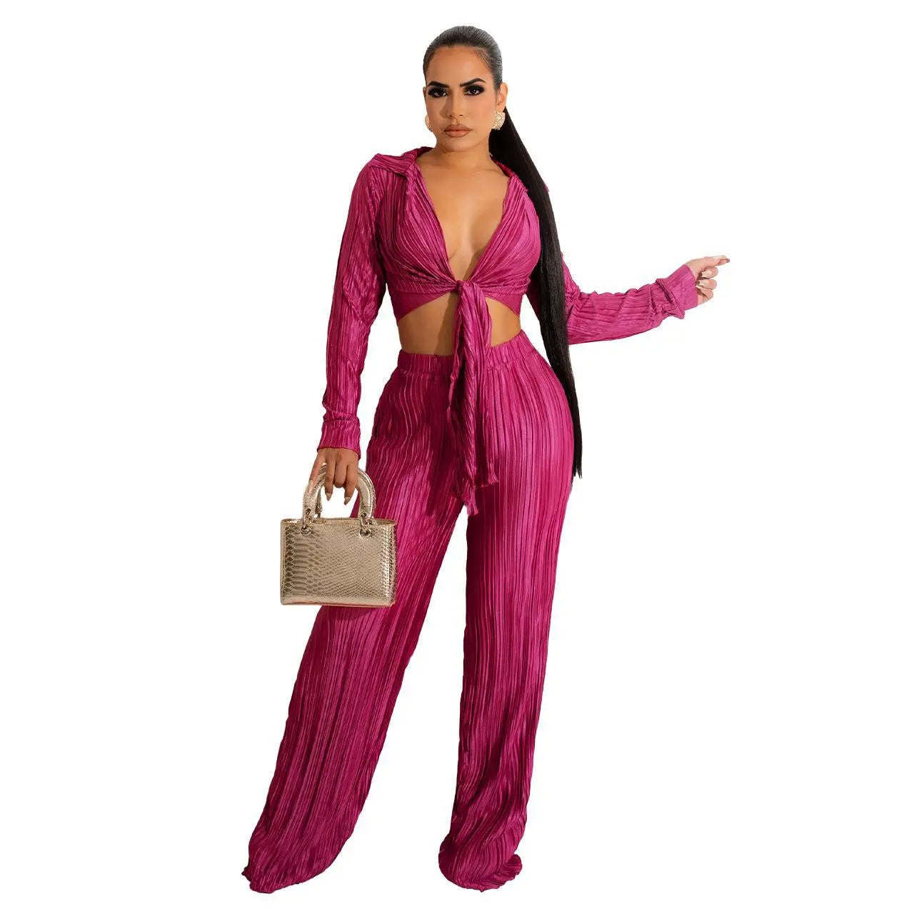 Women Fashion Autumn Winter Short Top Lace Up Pleated Sexy Casual Set