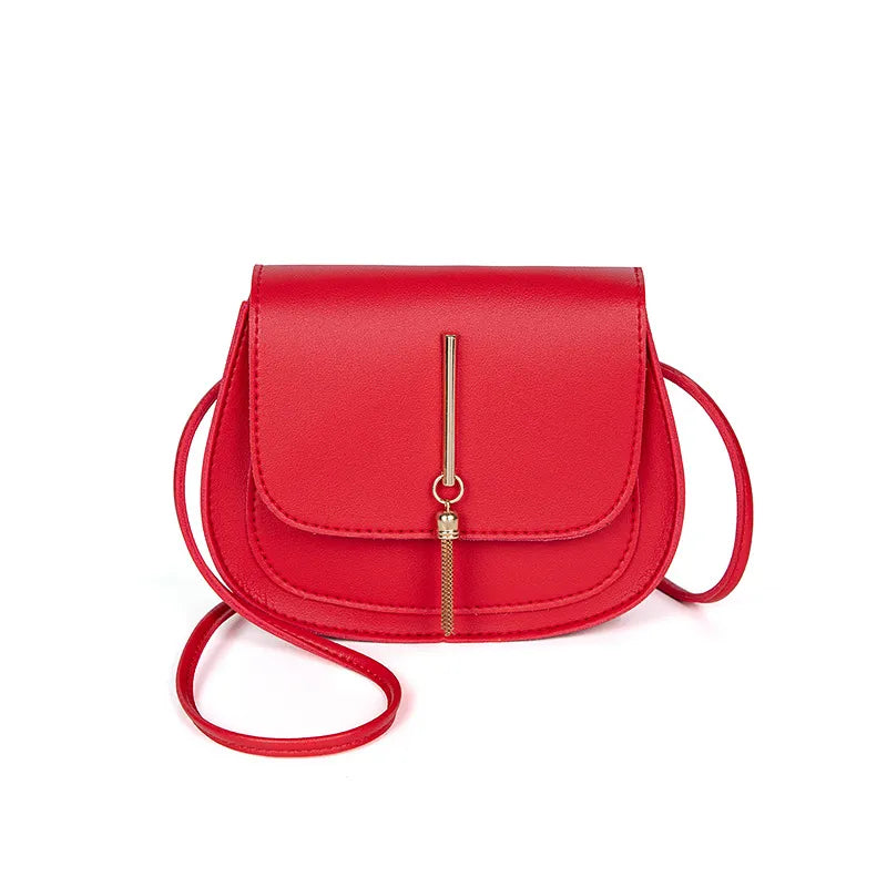 Women Basic Buckle Design Solid Color Mini Tassel PU Shoulder Bag