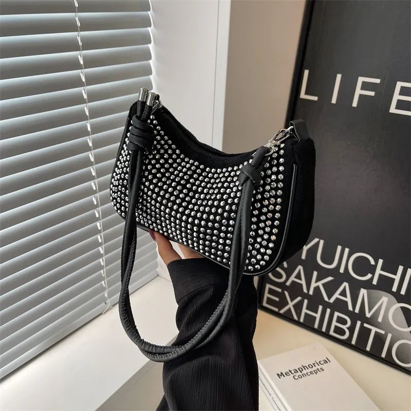 Rhinestone Zipper Shoulder Underarm Bag