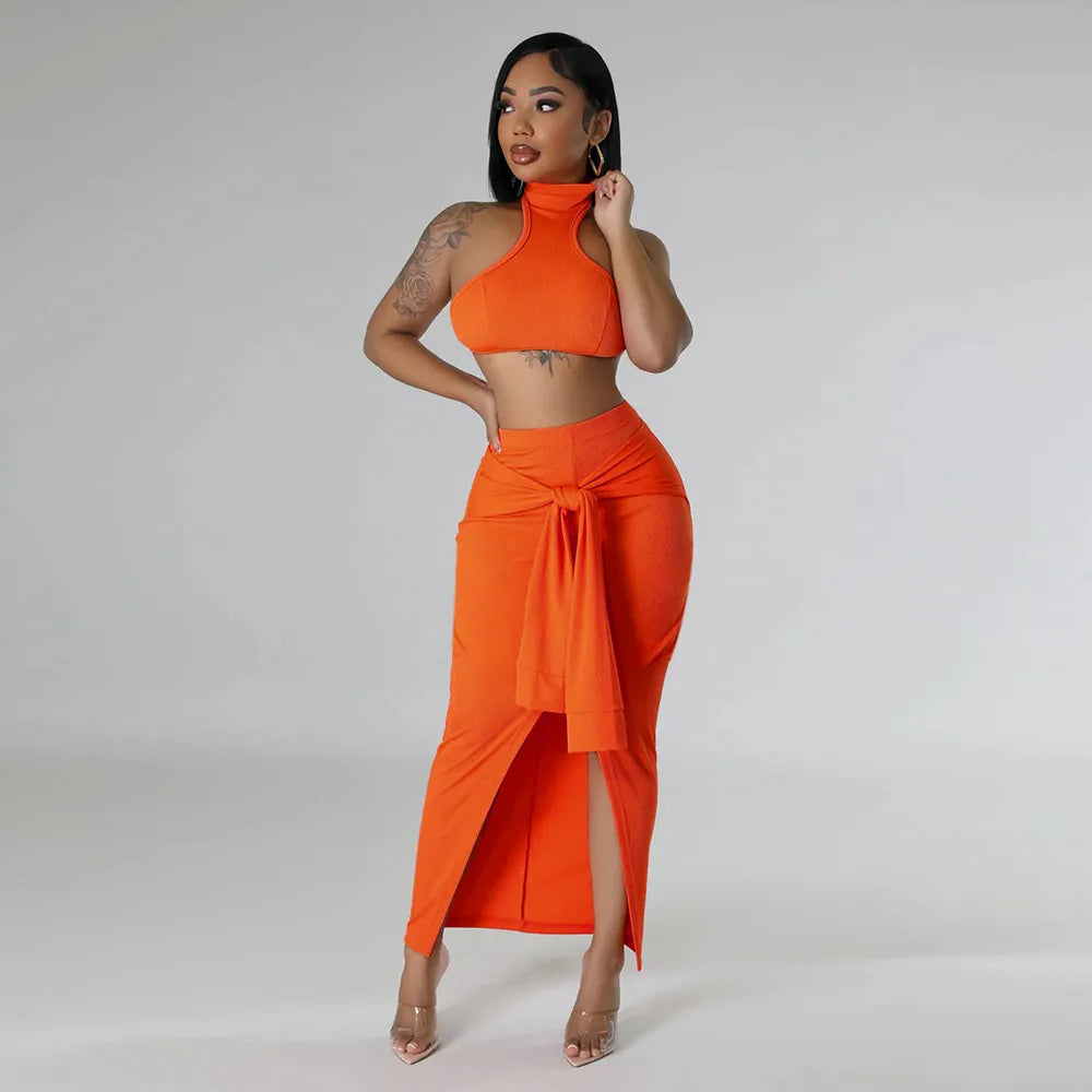 Women Fashion Sexy Solid Color Sleeveless Crop Top Split Lace-Up Skirts Two-Piece Set