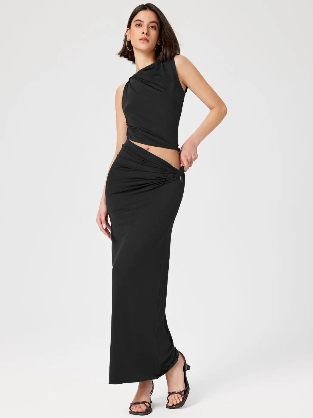 Women Fashion Solid Color Sleeveless Vest Top Skirt Two-Piece Set