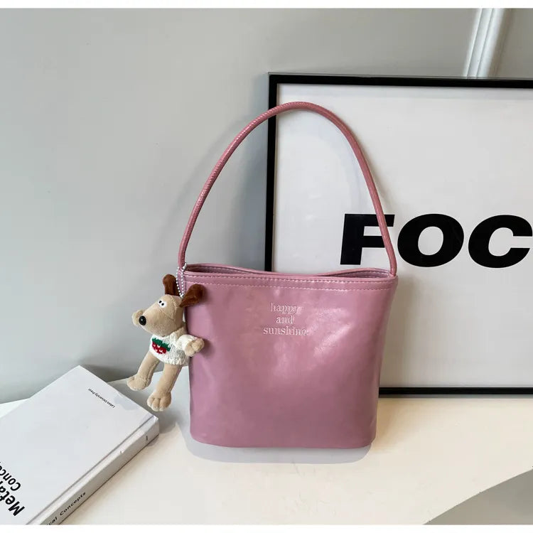 Women Fashion Casual Solid Color Pu Leather Bucket Shoulder Bag