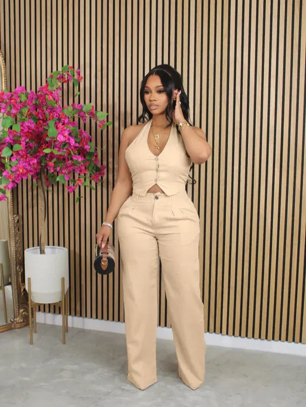Women Fashion Solid Color Deep V Halter Neck Sleeveless Top Pants Two-Piece Set