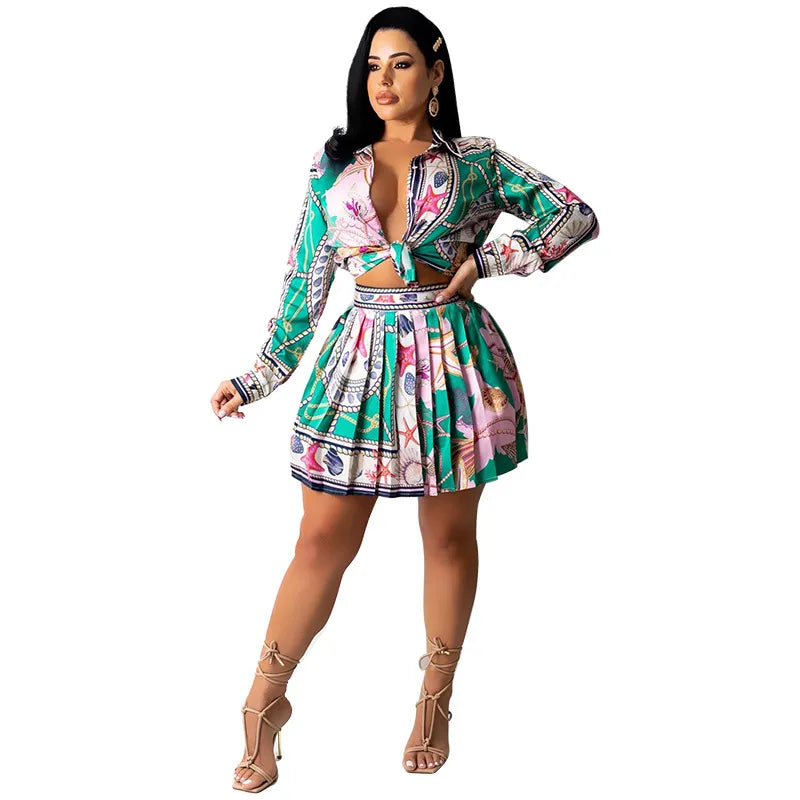 Women Fashion Casual Geometric Floral Print Long-Sleeve Lace-Up Top Pleated Skirt Two-Piece Set
