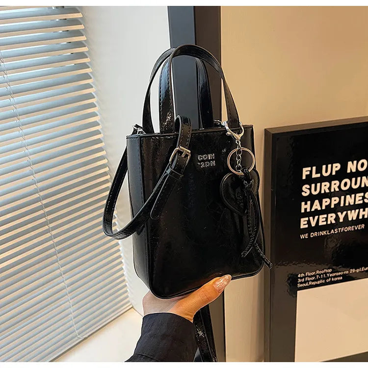 Women Fashion Casual Solid Color Love Pendant Bucket Shoulder Bag