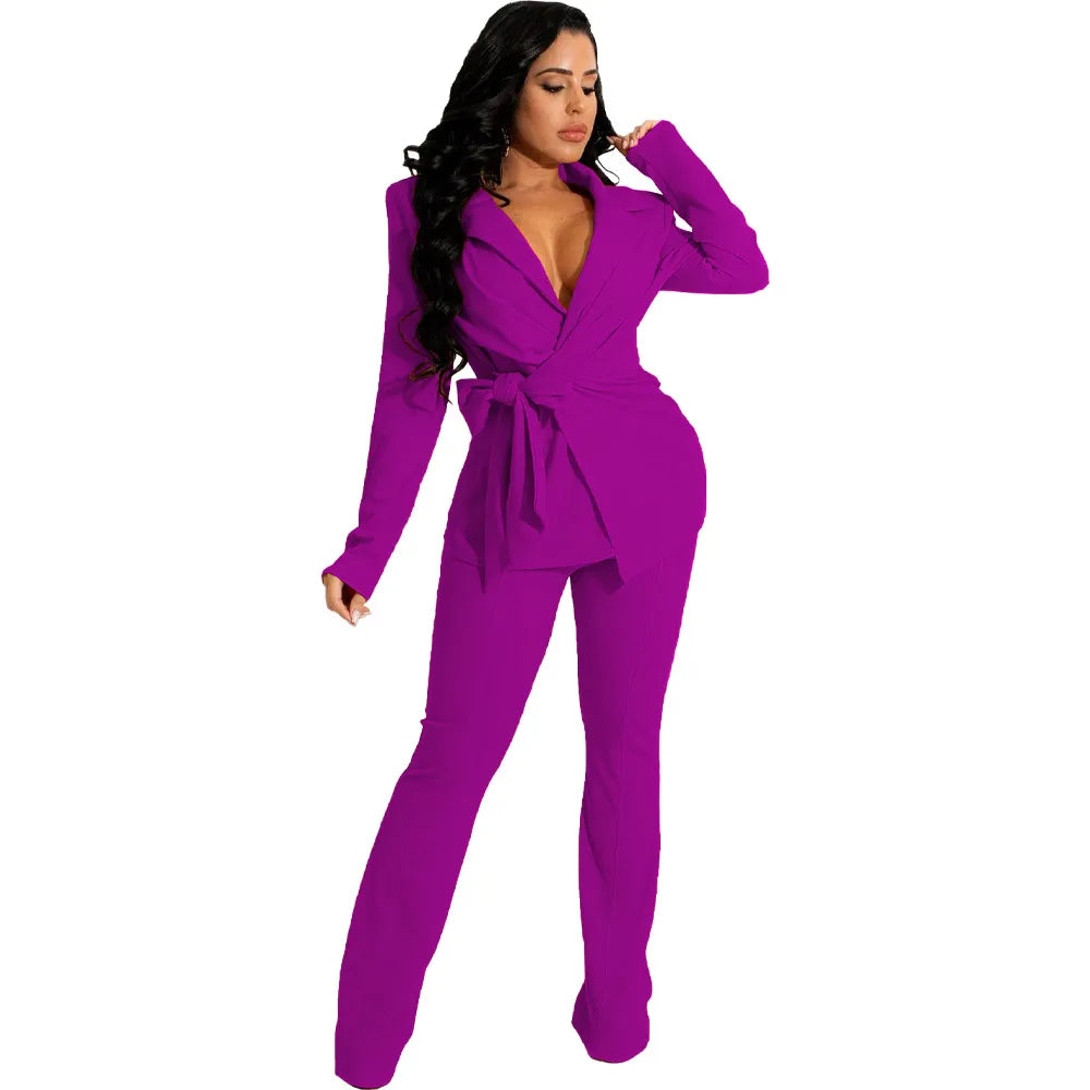 Women Solid Color Fashion V-Neck Lace-Up Long Sleeve Top Pants Two-Piece Set