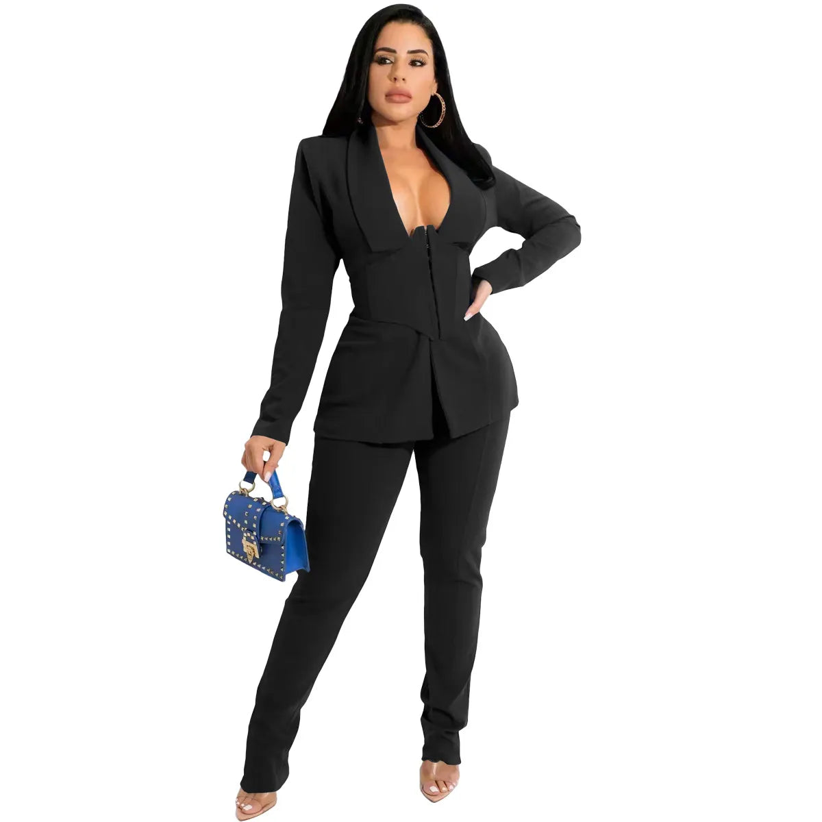 Women Solid Color Lapel Long Sleeve Top And Pants Two-Piece Set