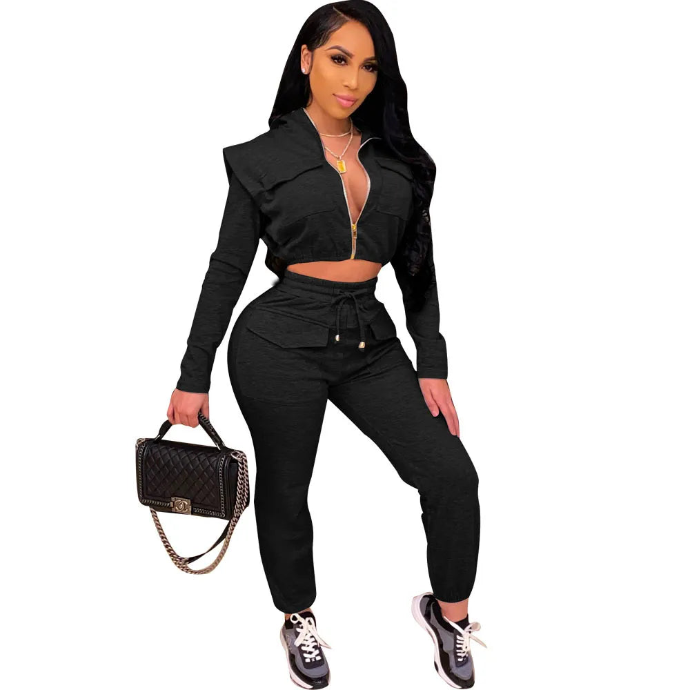 Women Sexy Zipper Slim Hoodie Crop Top Fashion Pants Two-Piece Set
