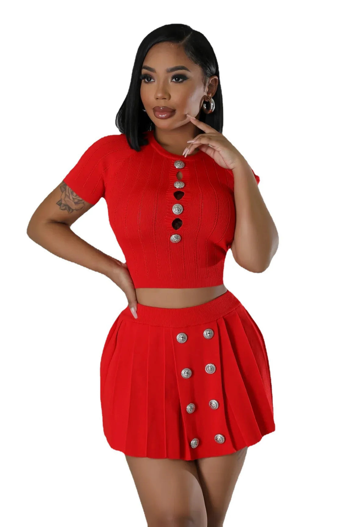 Women Fashion Casual Stretch Knitted Round Neck Short Sleeve Crop Top Skirt Two-Piece Set